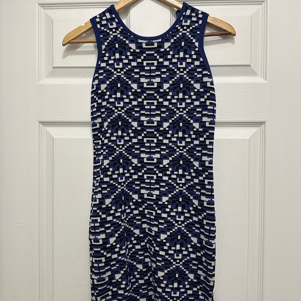 Blue and White Sheath Mini Dress with Halter Neckline
